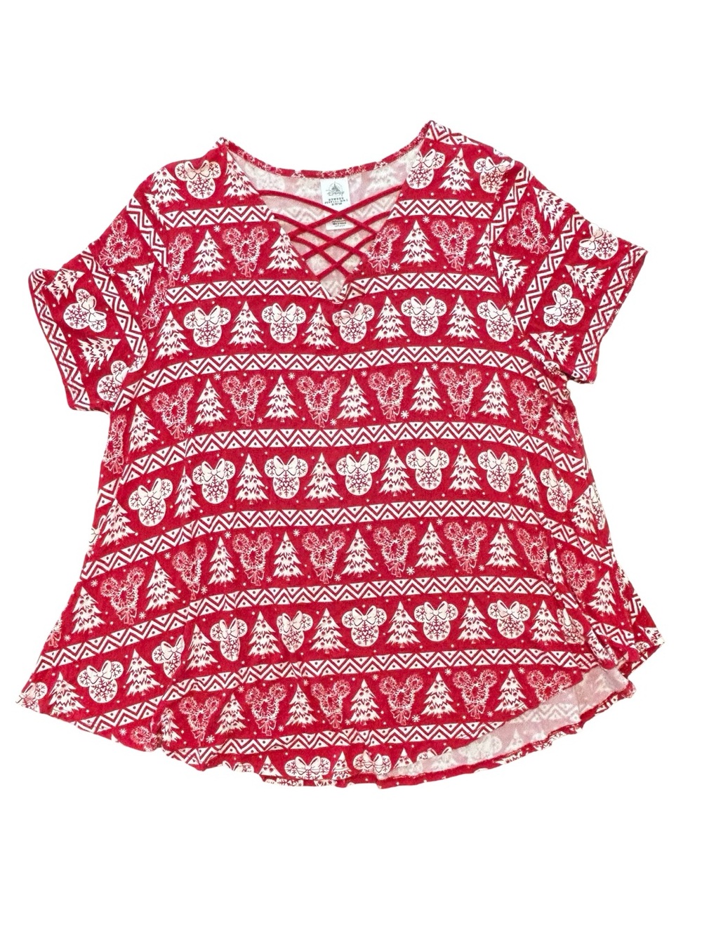Disney park whimsical flowy Christmas Minnie Mouse FairIsle Strappy VNeck Top 2X